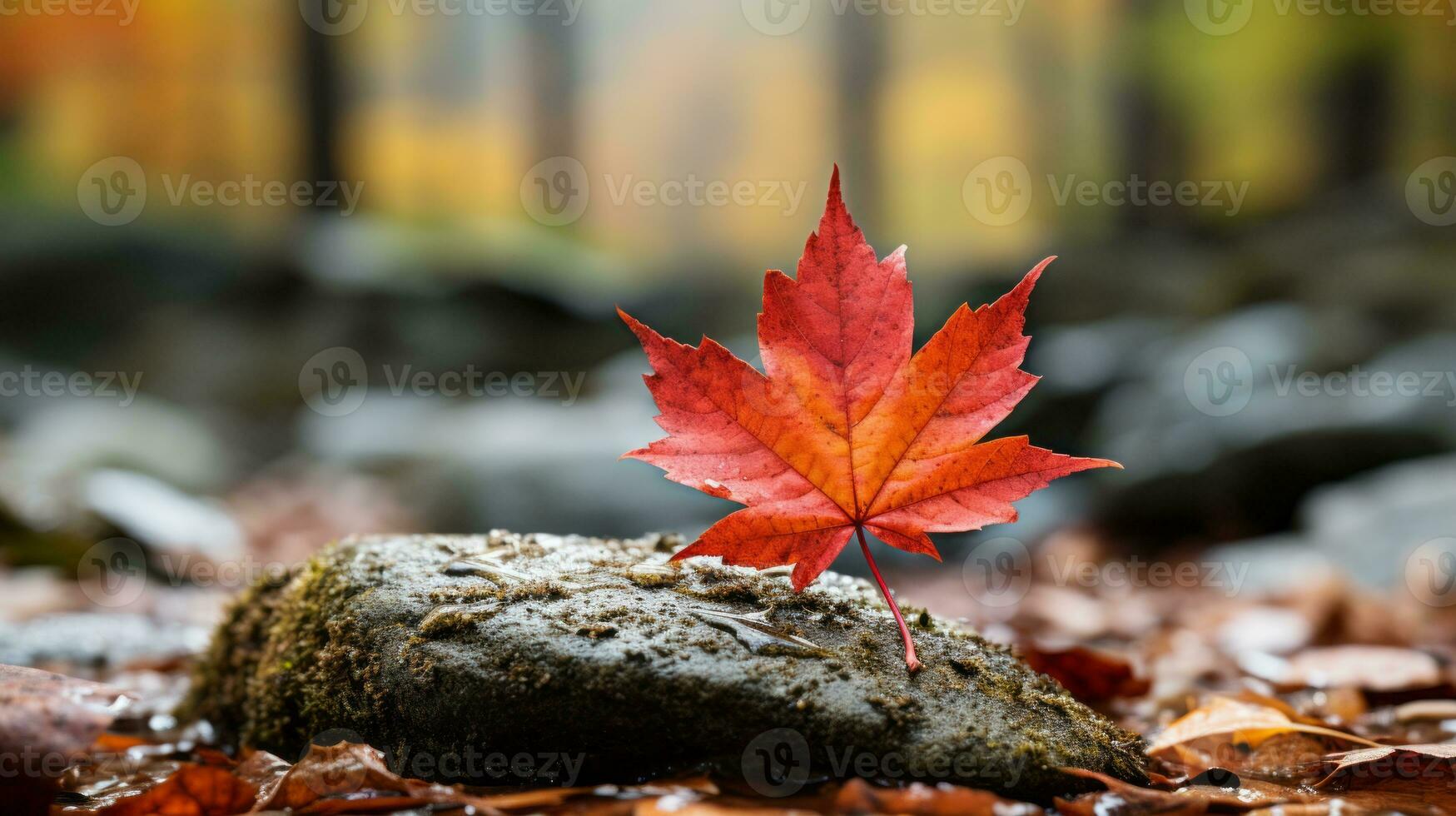 a red maple leaf sits on top of a rock in the middle of a forest generative ai photo
