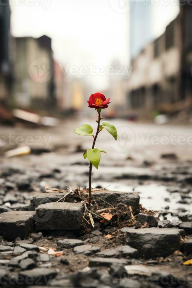 a red rose growing out of a crack in the pavement generative ai photo