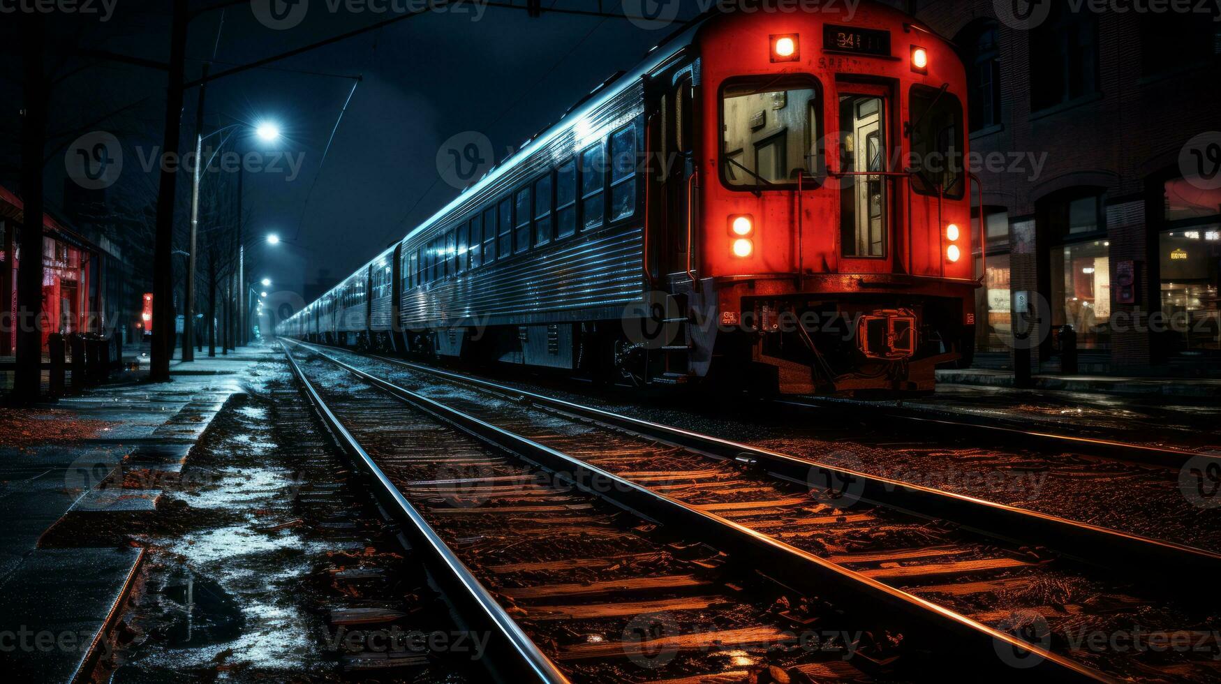 a red train on the tracks at night generative ai photo