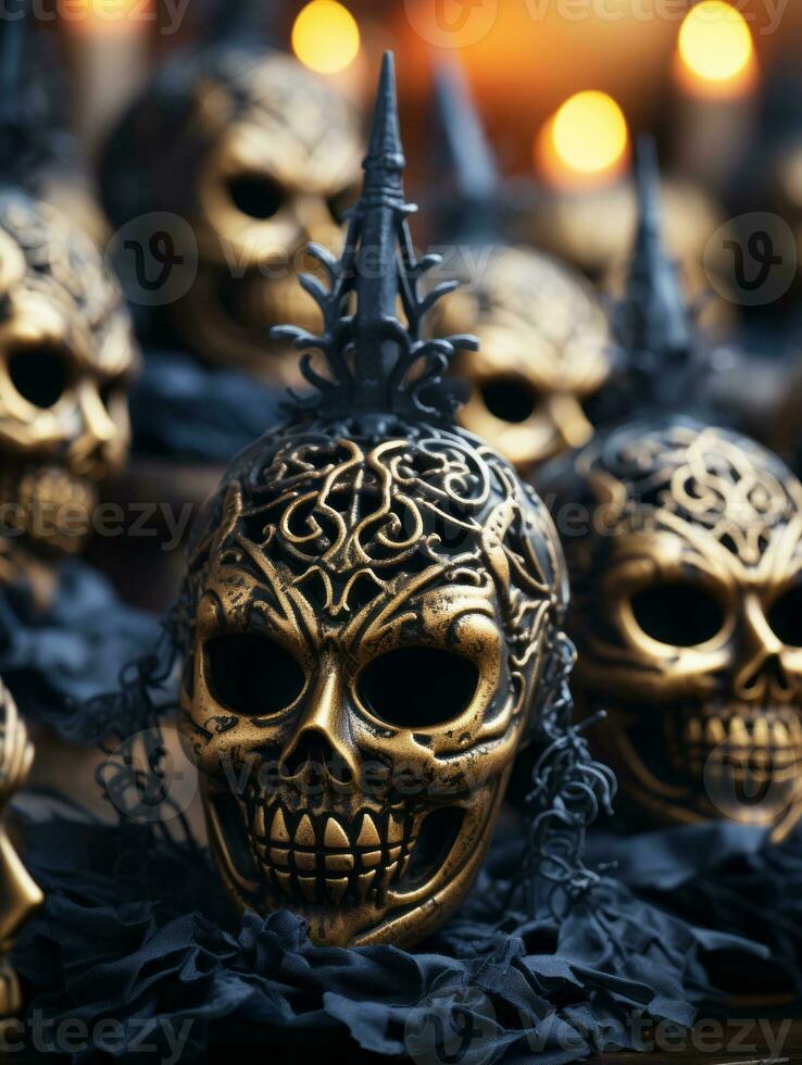 a row of skulls with candles in front of them generative ai photo