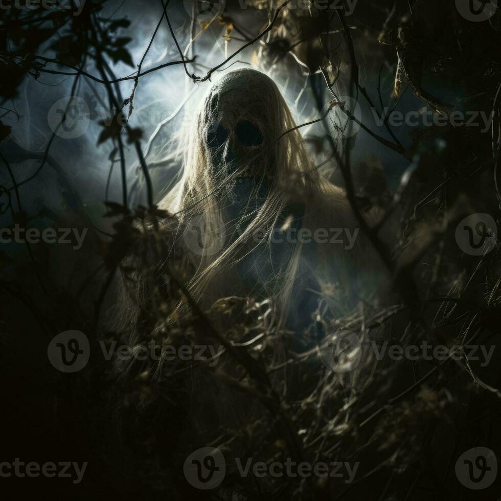 a scary ghost in the dark with a long white hair generative ai photo