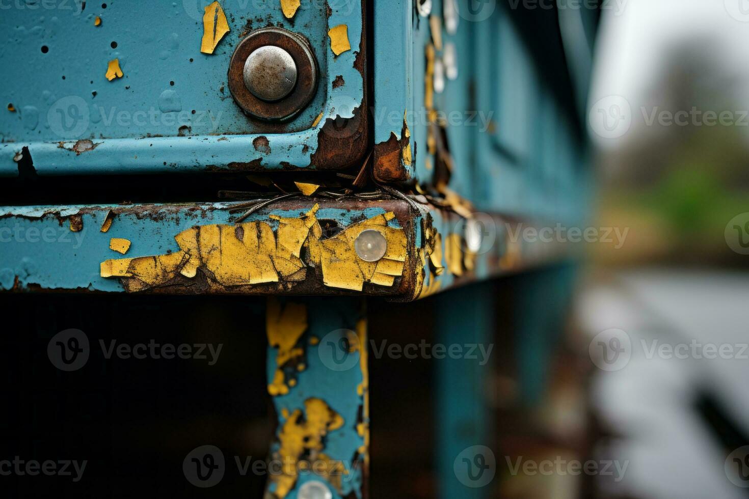 a rusty blue bench with yellow paint on it generative ai photo