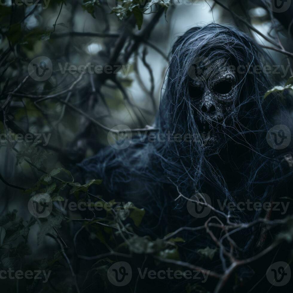 a scary man in the woods with dark hair and a scary face generative ai photo