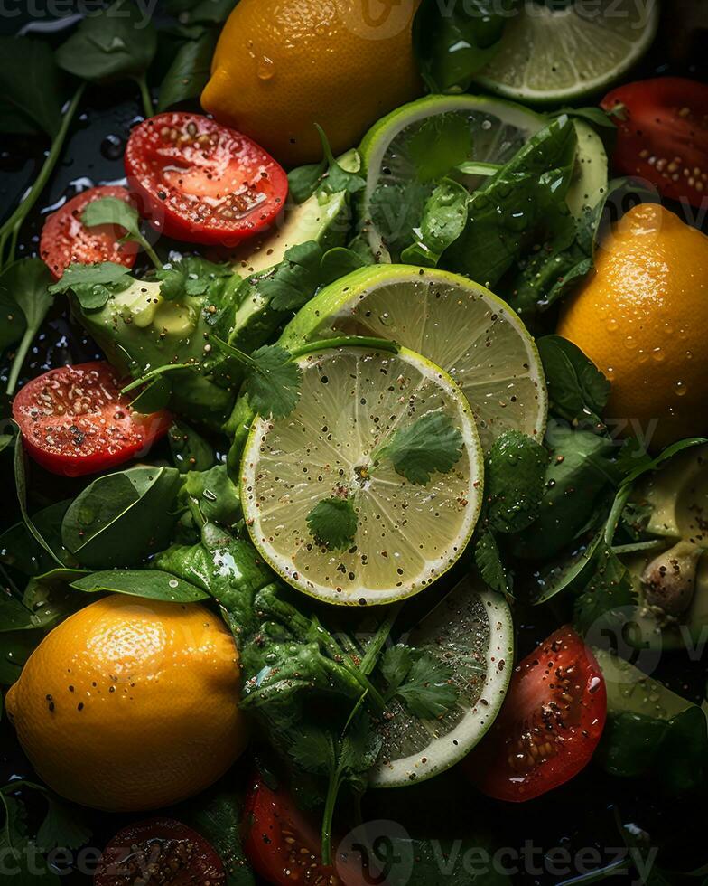 a salad with tomatoes avocado and lemon slices generative ai photo