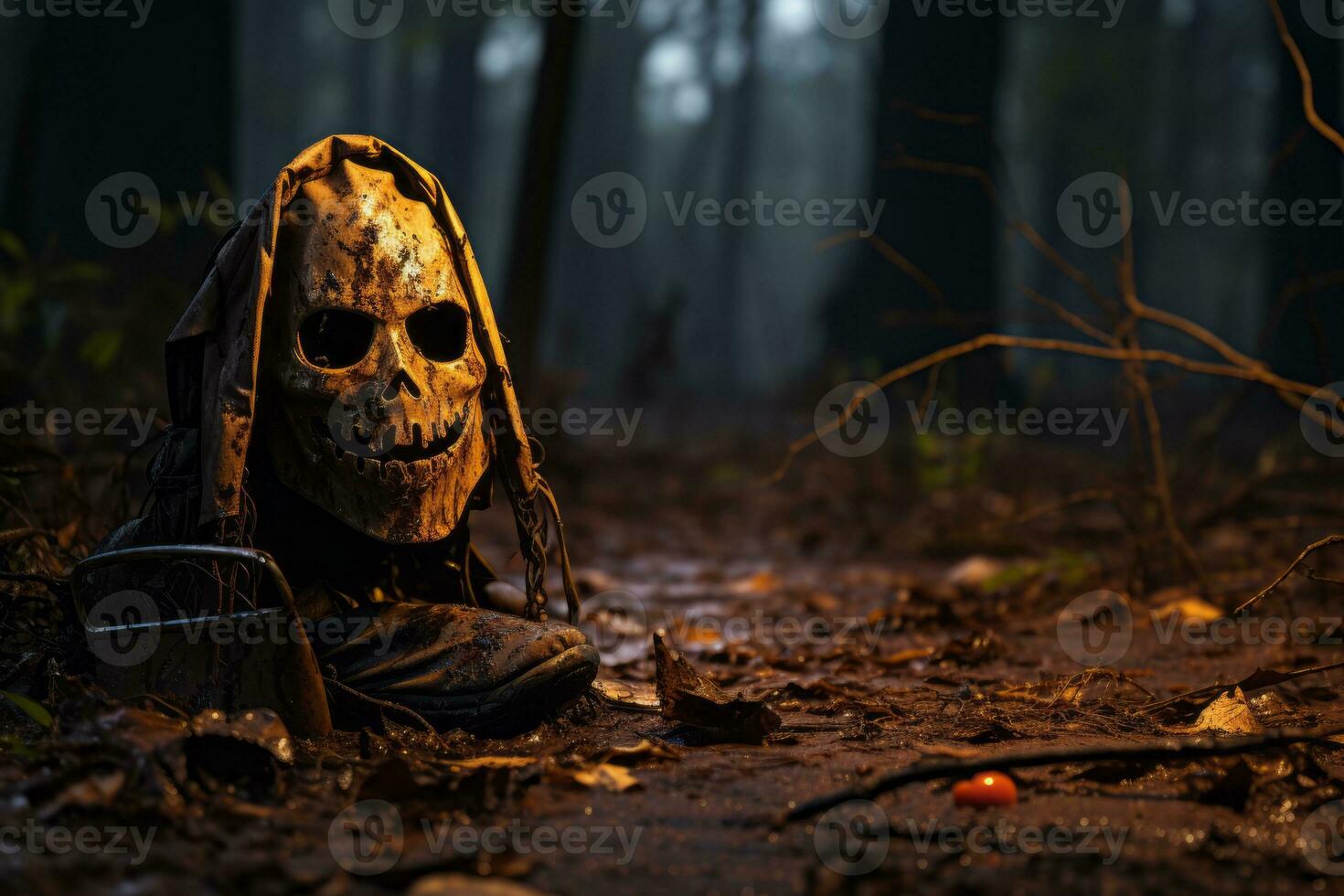 a scary mask sits in the middle of the woods generative ai photo