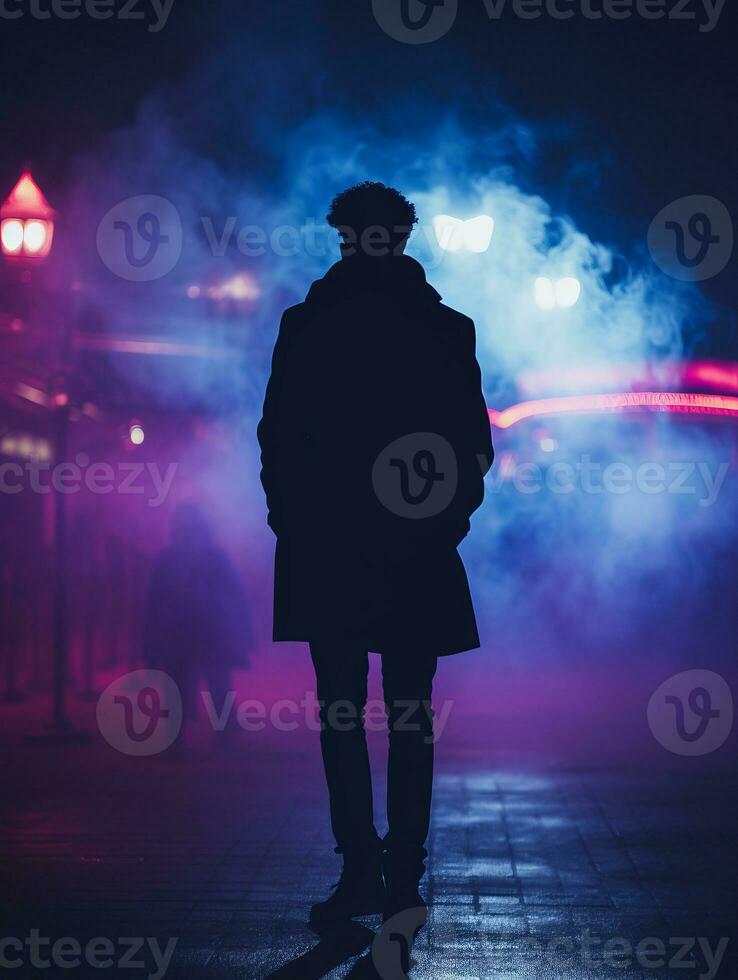 a silhouette of a man standing in front of neon lights generative ai photo
