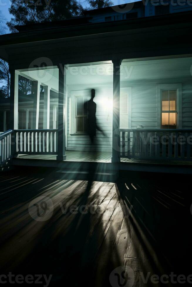 a silhouette of a person walking on a porch at night generative ai photo