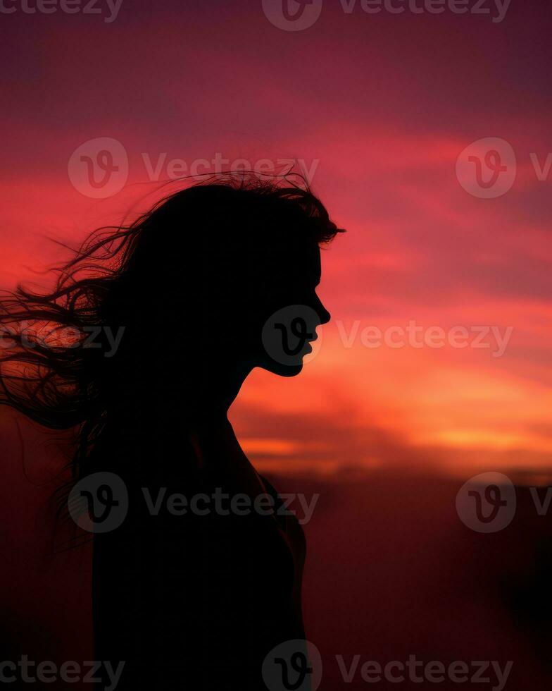 a silhouette of a woman with her hair blowing in the wind generative ai photo