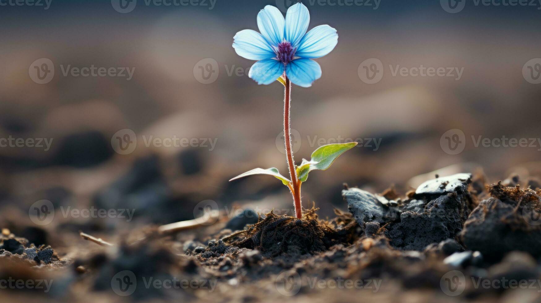 a single blue flower is growing out of the ground generative ai photo