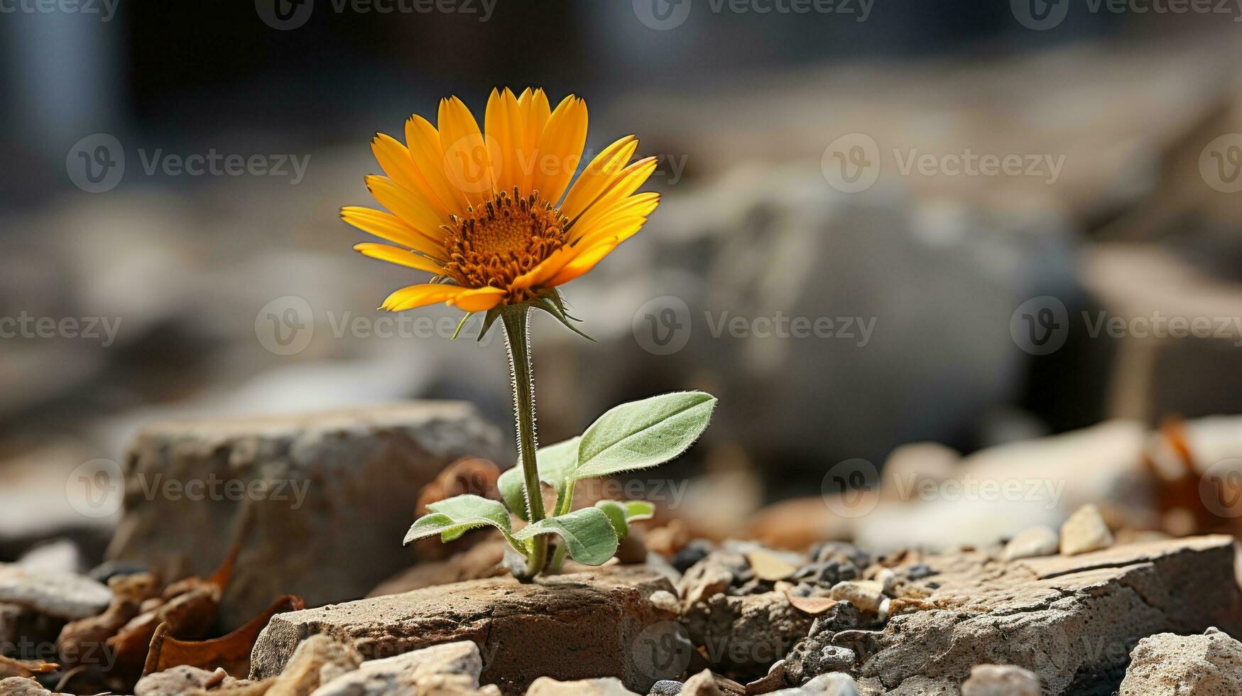 a single orange flower is growing out of a pile of rocks generative ai photo
