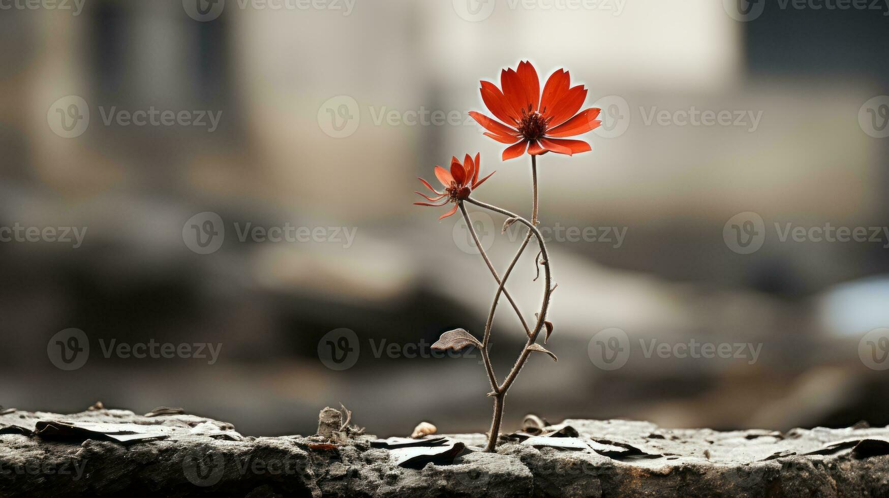 a single red flower growing out of a crack in the ground generative ai photo