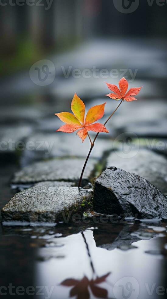 a single red leaf sits on a rock in a puddle generative ai photo