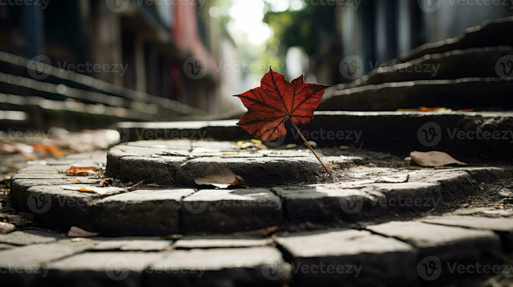 a single red leaf sits on top of some steps generative ai photo