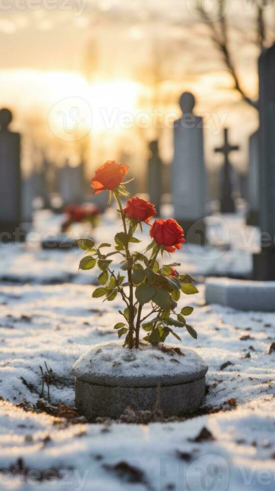 a single red rose is growing out of a tombstone in a snow covered cemetery generative ai photo