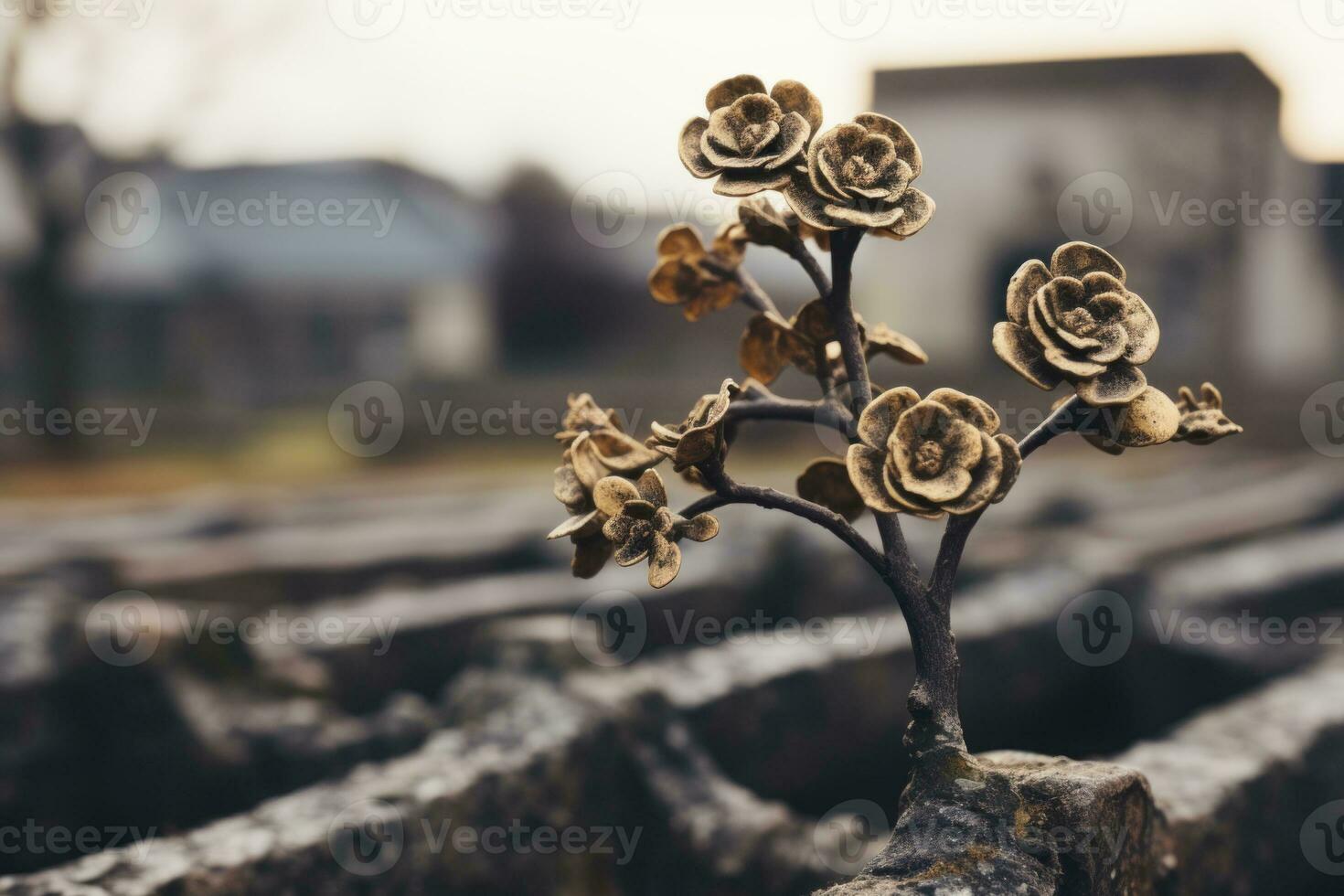 un soltero Rosa es sentado en parte superior de un lápida sepulcral generativo ai foto