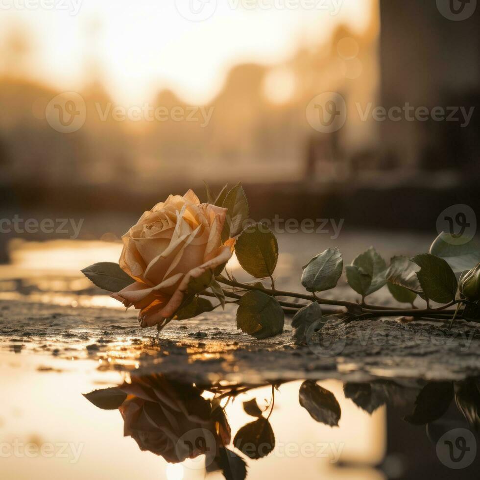 un soltero Rosa tendido en el suelo en un charco de agua generativo ai foto