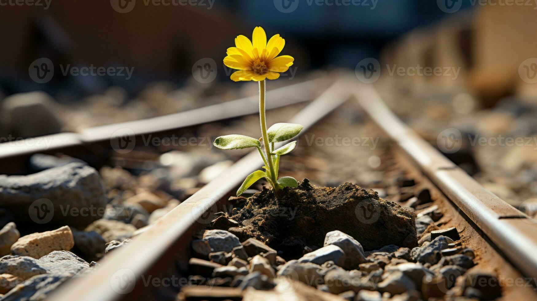 a single yellow flower growing out of the ground on railroad tracks generative ai photo