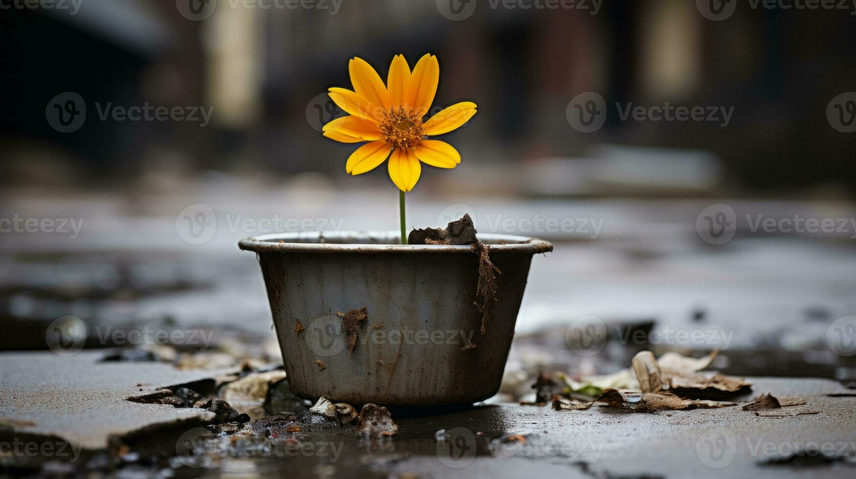 a single yellow flower sits in a pot on the ground generative ai photo
