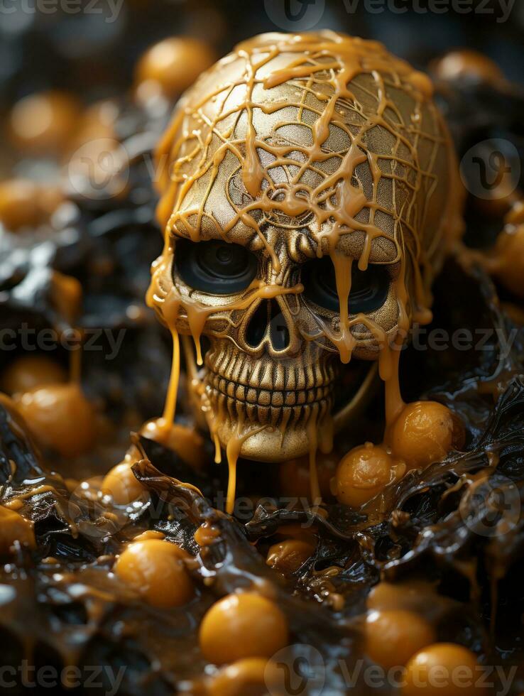 a skull covered in caramel is sitting on top of a cake generative ai photo