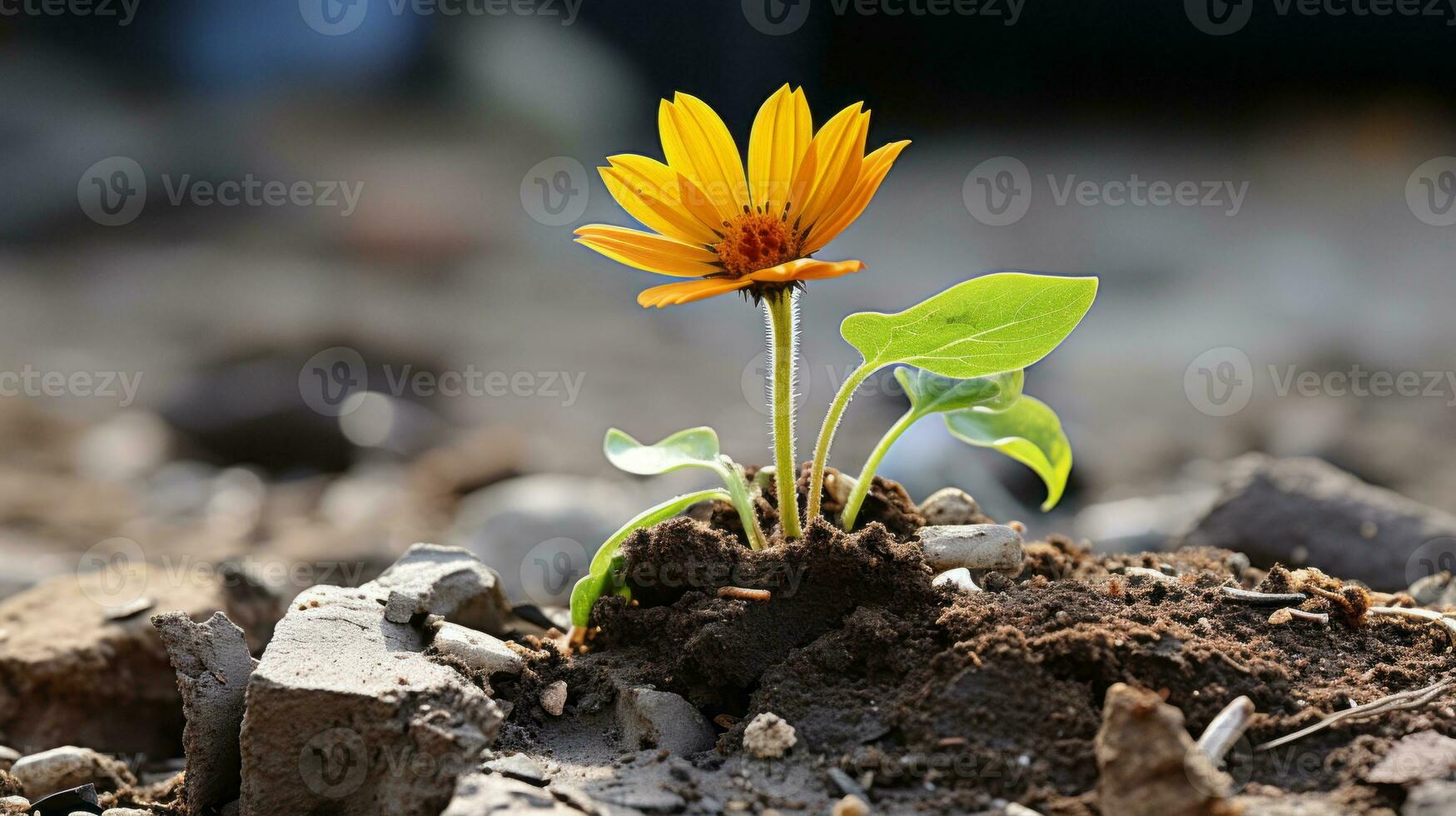 a small orange flower is growing out of the ground generative ai photo