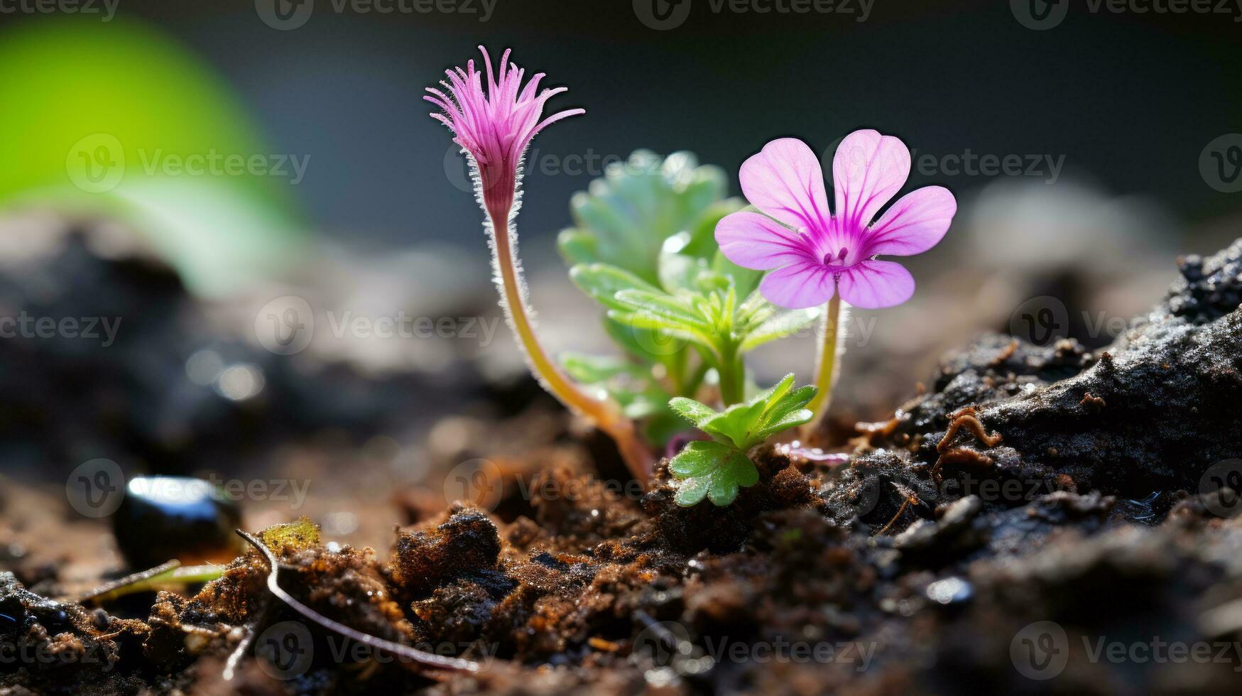 a small pink flower is growing out of the dirt generative ai photo