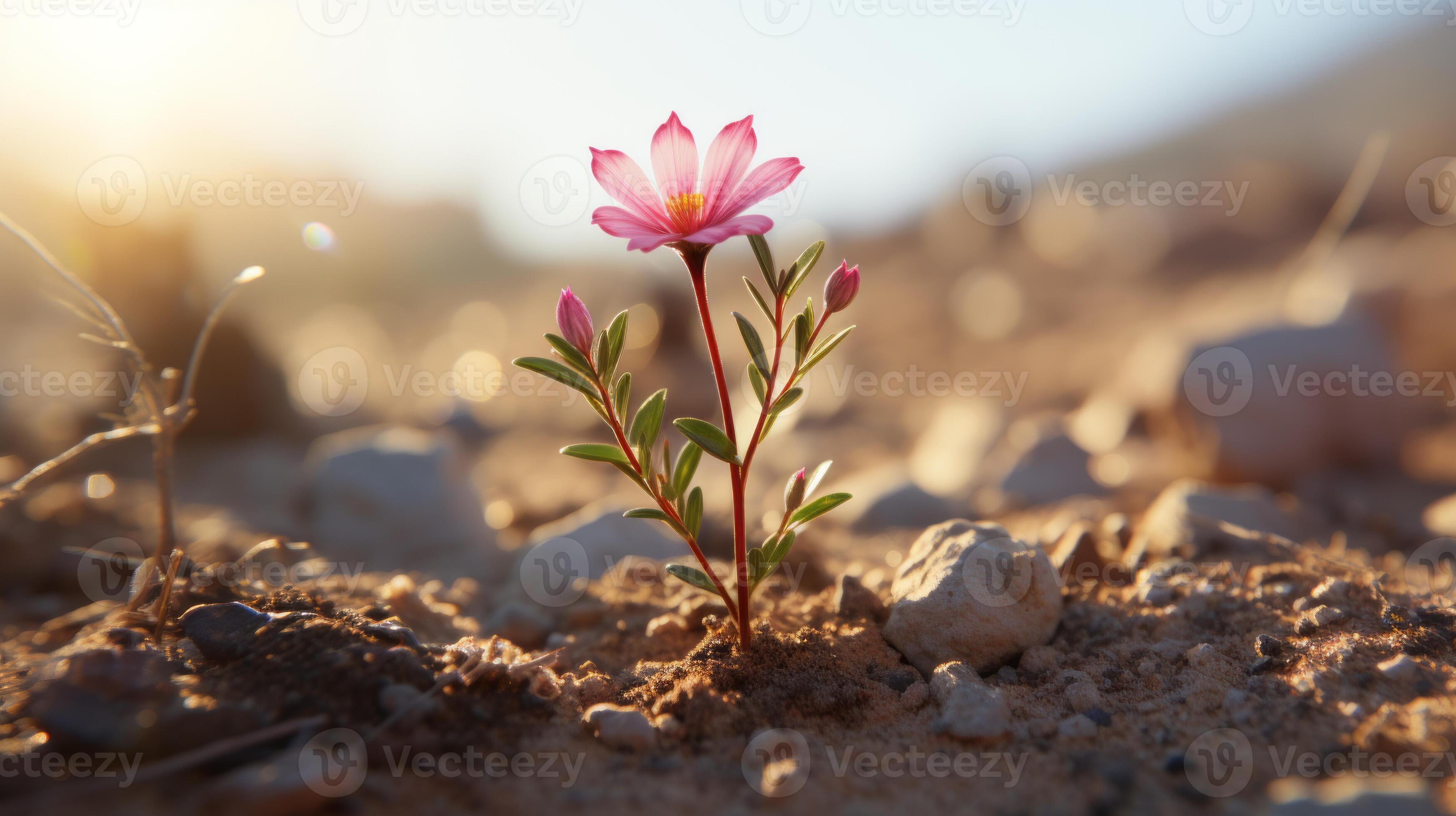 a small pink flower is growing out of the ground generative ai 32121624