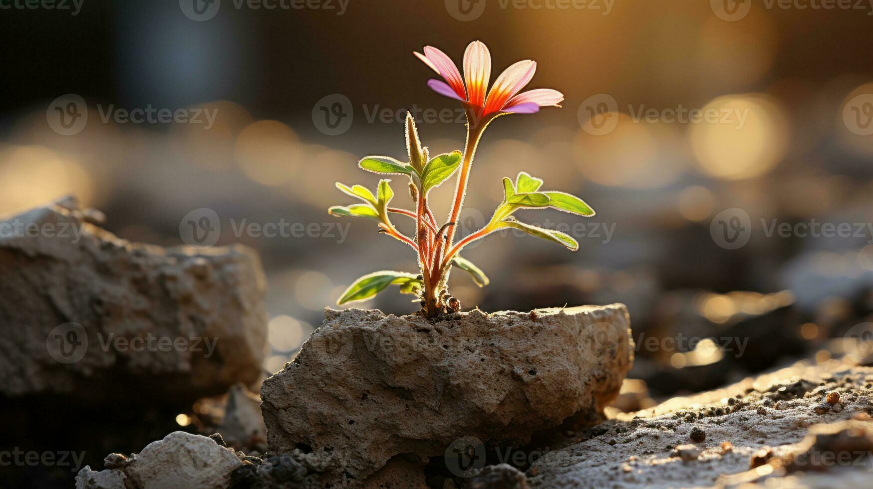 a small pink flower is growing out of a crack in the ground generative ai photo