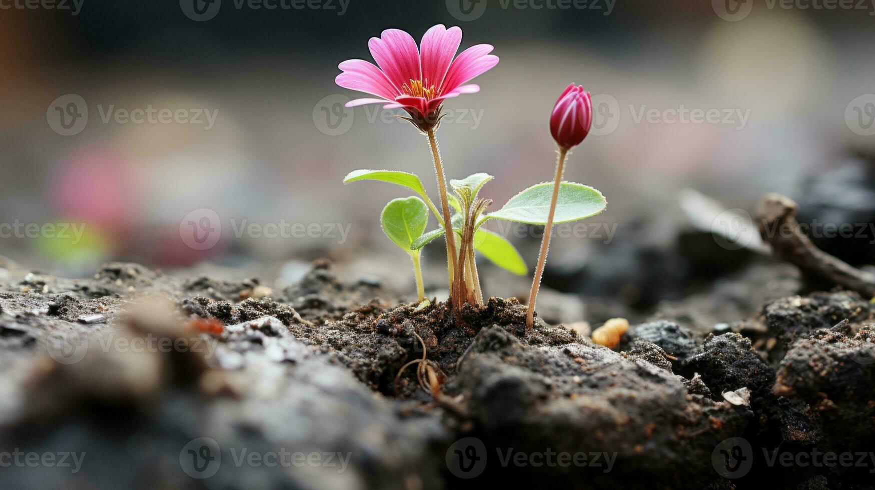 a small pink flower is growing out of the ground generative ai photo
