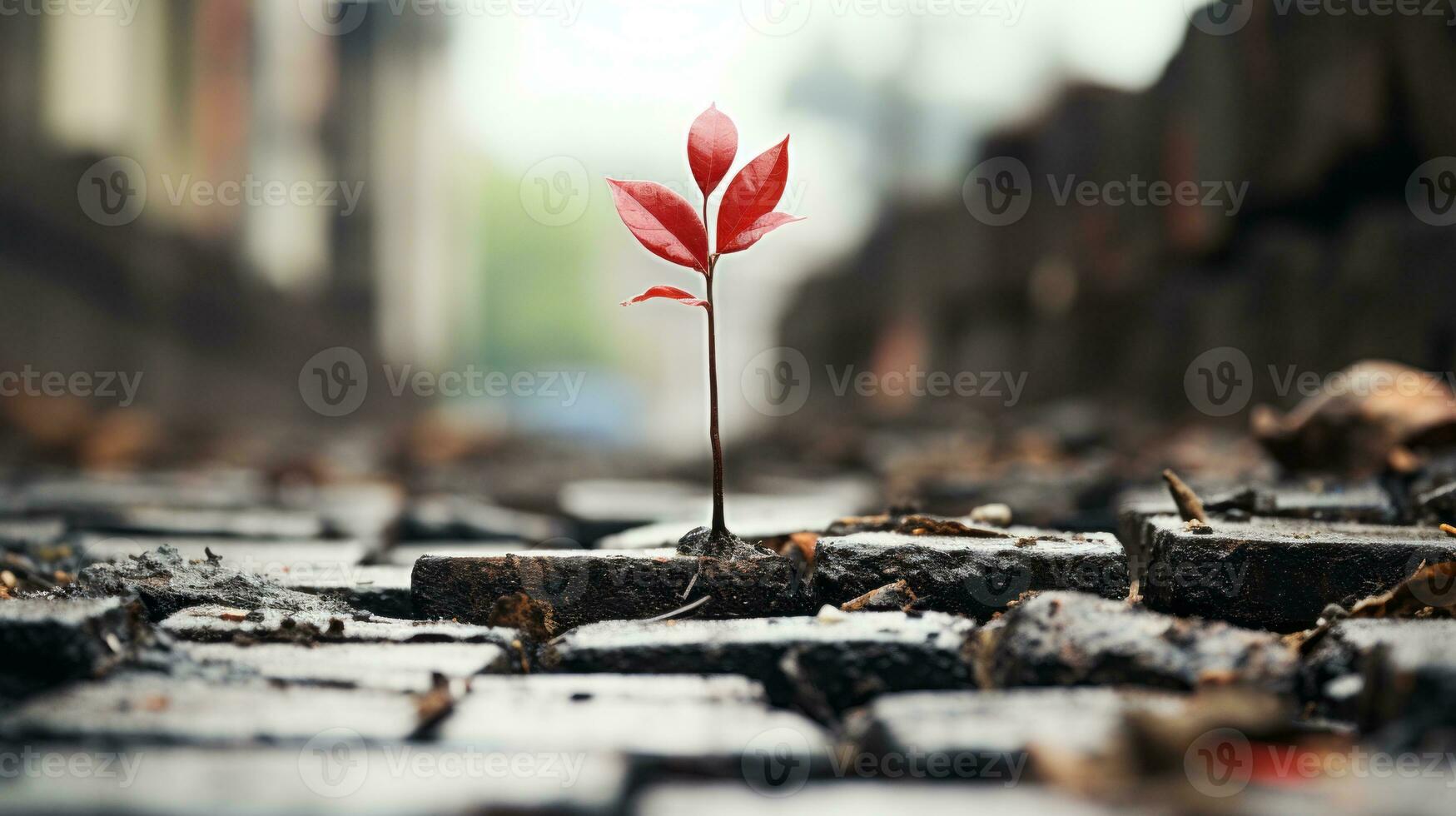 a small red plant is growing out of a brick path generative ai photo