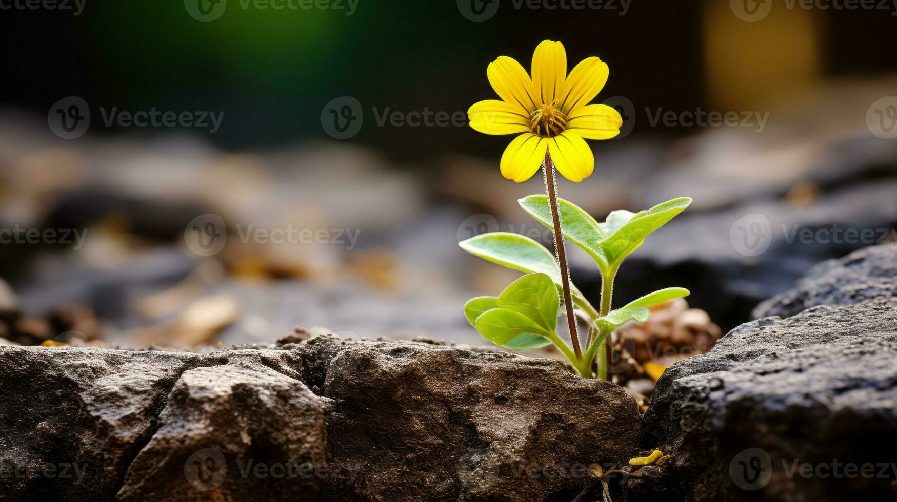 a small yellow flower is growing out of a rock generative ai photo