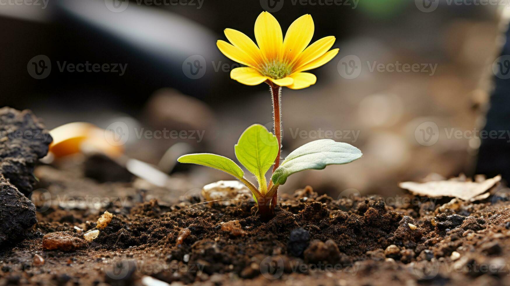 a small yellow flower is growing out of the ground generative ai photo