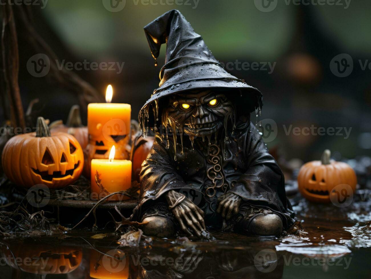 a statue of a witch sitting in a puddle of water with pumpkins and candles generative ai photo