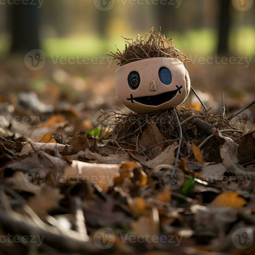 a toy that is made out of leaves is sitting in a pile of leaves generative ai photo