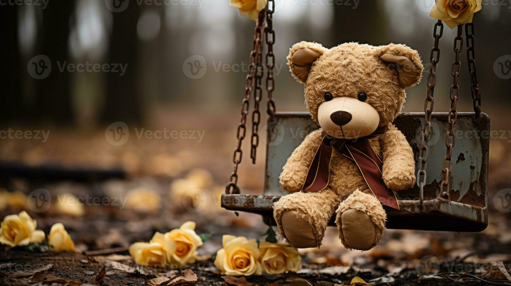 a teddy bear sitting on a swing in the woods generative ai photo