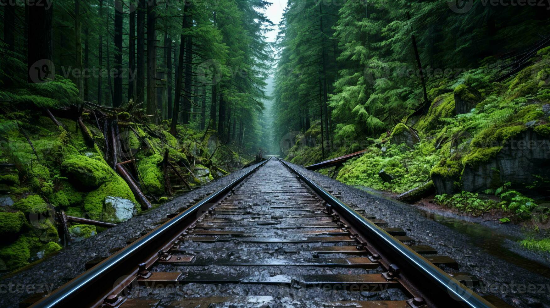a train track in the middle of a forest generative ai photo
