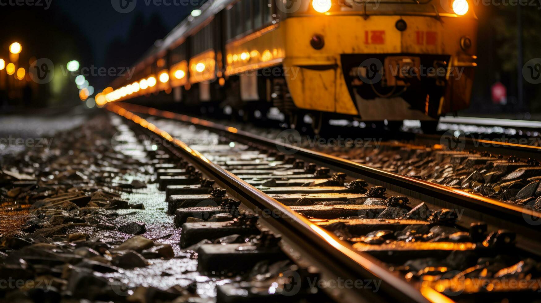 a train traveling down the tracks at night generative ai photo