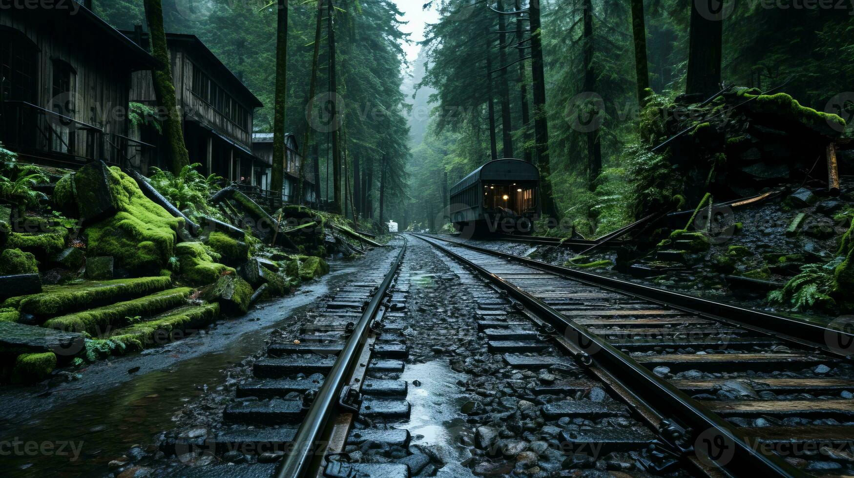 a train traveling through a forest with trees on both sides generative ai photo