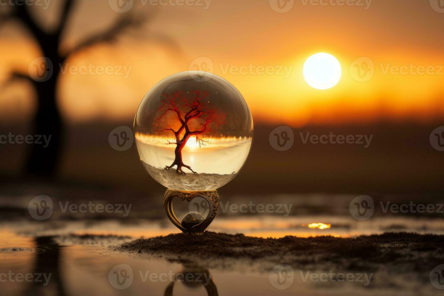 a tree in a glass ball with a sunset in the background generative ai photo