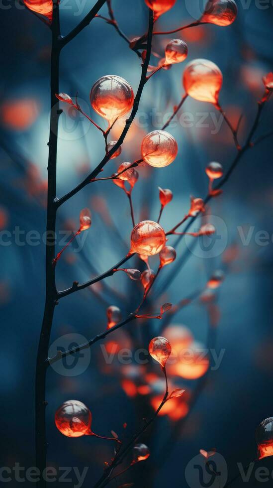 a tree branch with red and blue lights on it generative ai photo