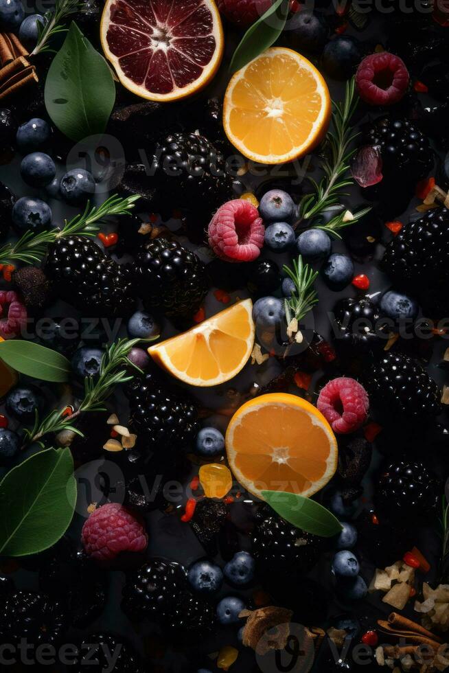 a variety of fruits and vegetables are arranged on a black background generative ai photo