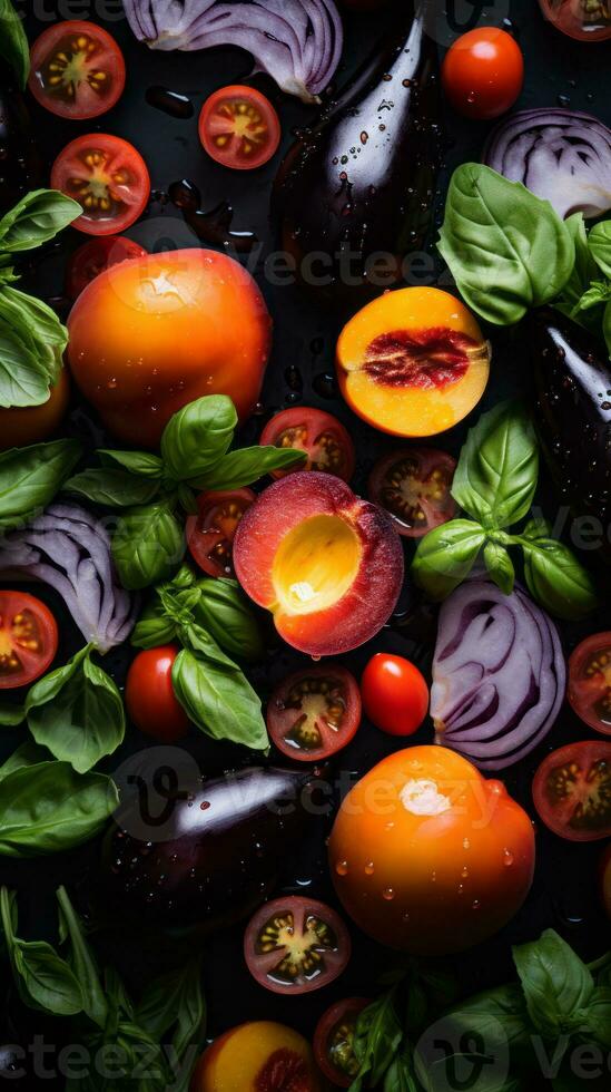 a variety of fruits and vegetables are arranged on a black background generative ai photo