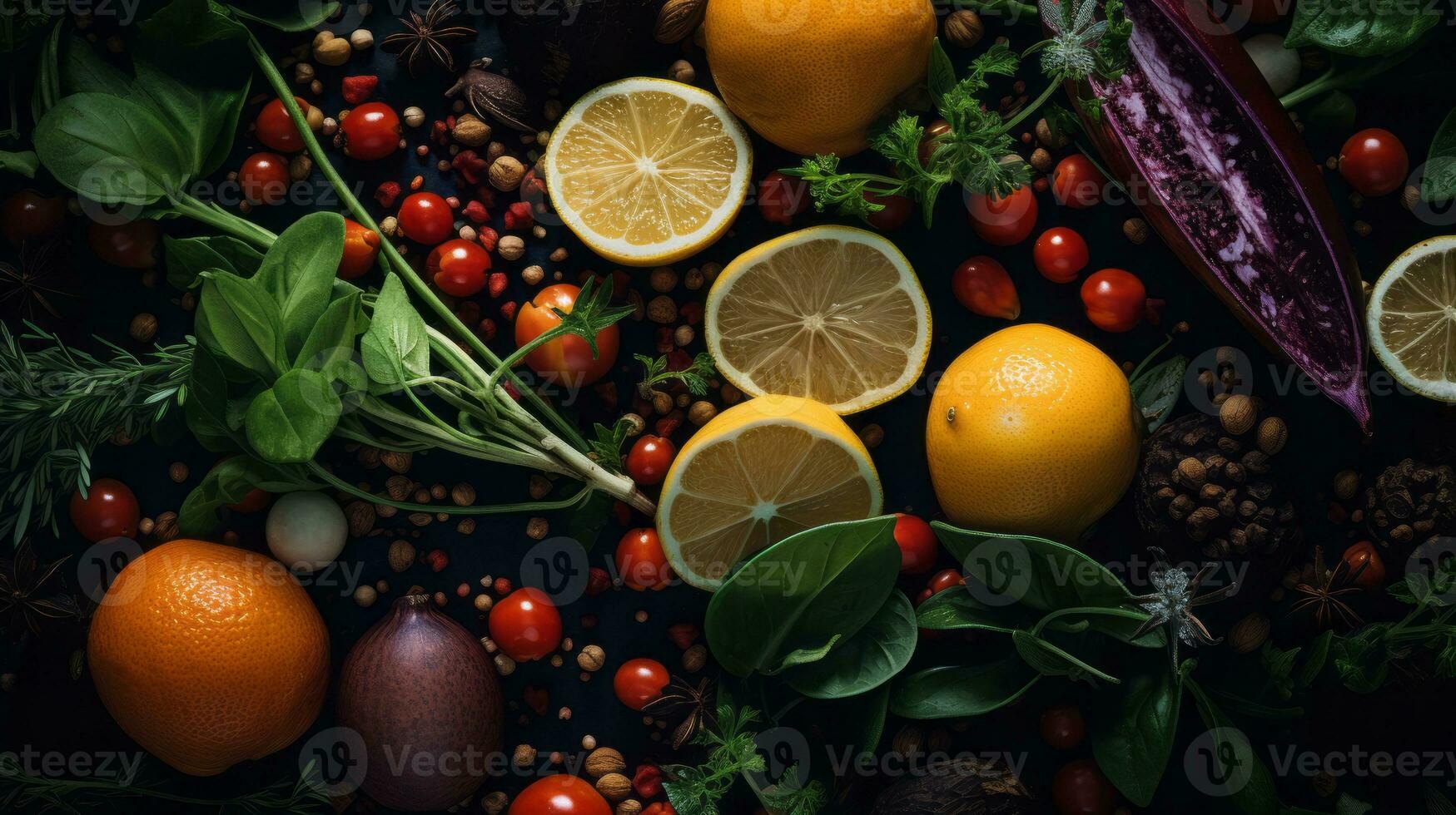 a variety of fruits and vegetables are arranged on a black background generative ai photo