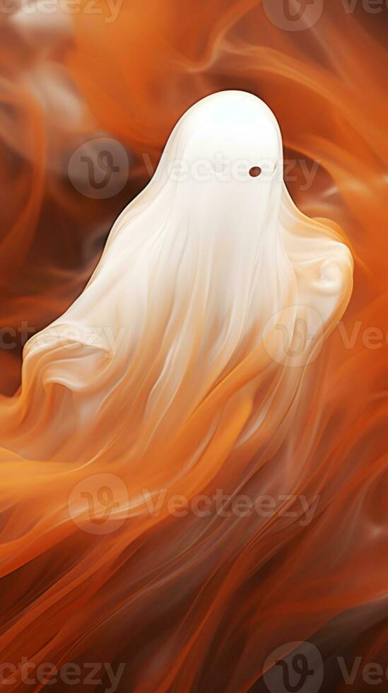 a white ghost floating in the air on an orange and black background generative ai photo