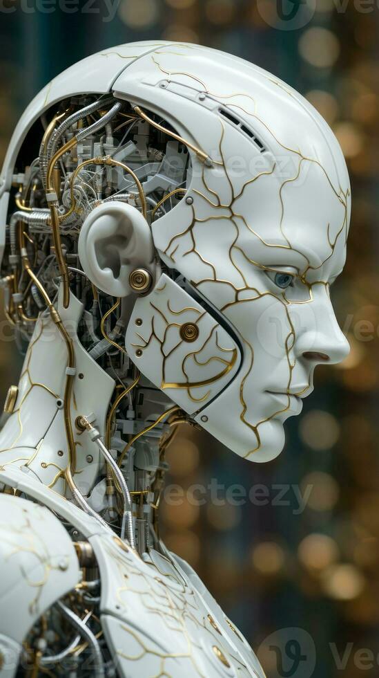 a white robot with gold wires on its head generative ai photo