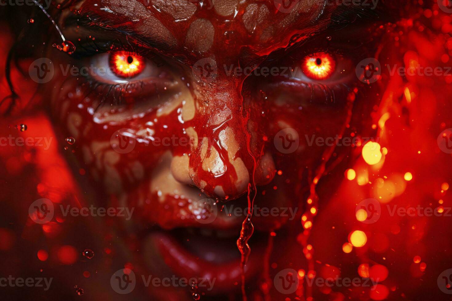 a woman covered in blood with red eyes generative ai photo