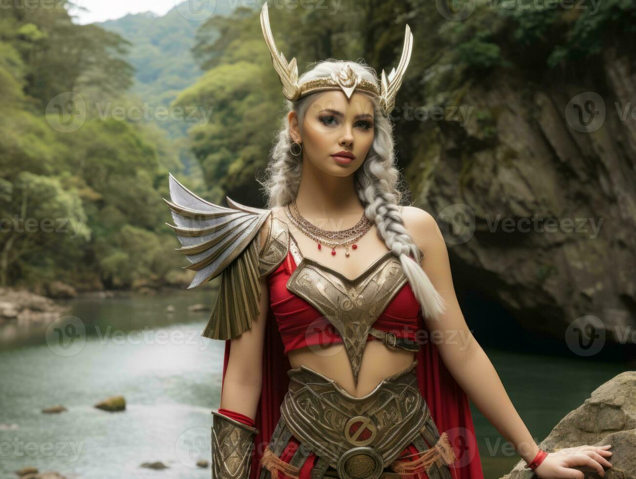 a woman dressed as thor standing on a rock by a river generative ai photo