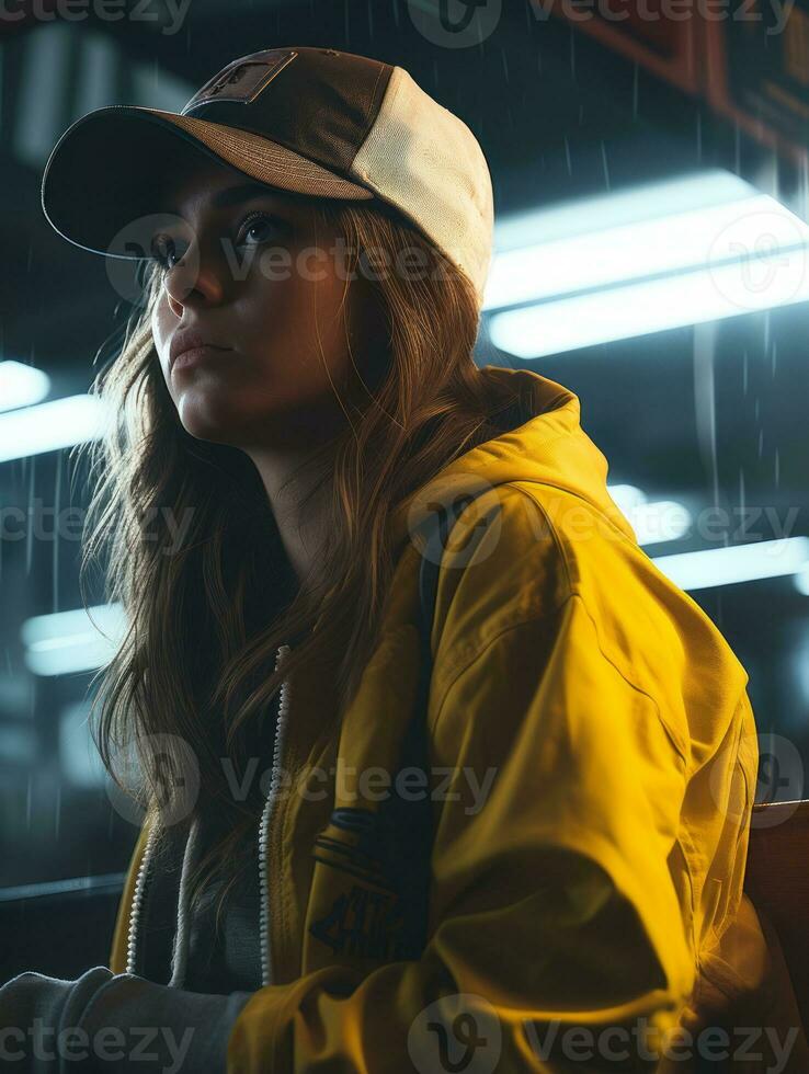a woman in a baseball cap and jacket sitting on a bench in the rain generative ai photo