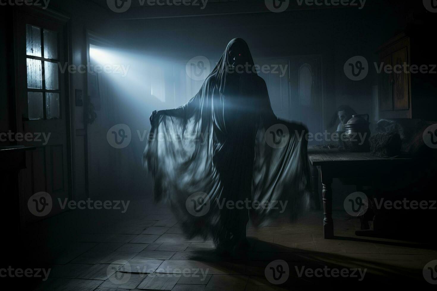 a woman in a black cloak is walking through a dark room generative ai photo