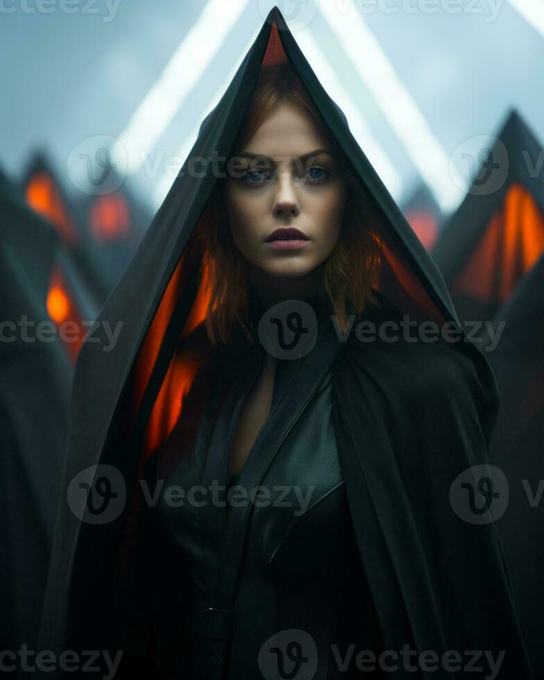 a woman in a black cloak standing in front of a group of people generative ai photo
