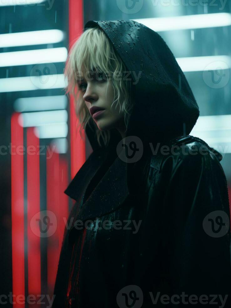 a woman in a black coat standing in the rain generative ai photo